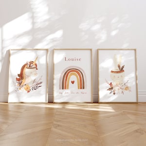 Affiches enfant bohème avec licorne, lapin et arc-en-ciel, set de 3 affiches personnalisées pour chambre d'enfant - LOUISE