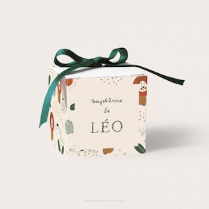 Boîte à dragées baptême garçon lion dans la jungle, contenant pour dragées baptême, cadeau invités baptême - LEO