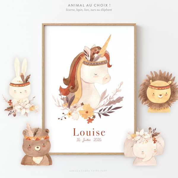 Affiche enfant animal bohème aquarelle avec fleurs ou plumes