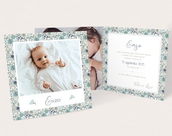 Birth announcement for boy, blue green flowers, Liberty style