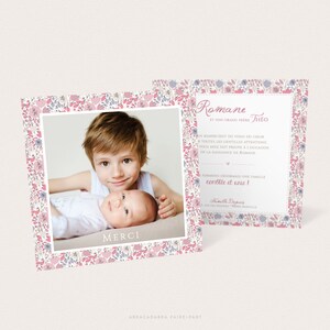 Thank you card for a baby girl with pink Liberty-style flowers, thank you card for a baby girl's baptism with an old pink floral pattern - ROMANE