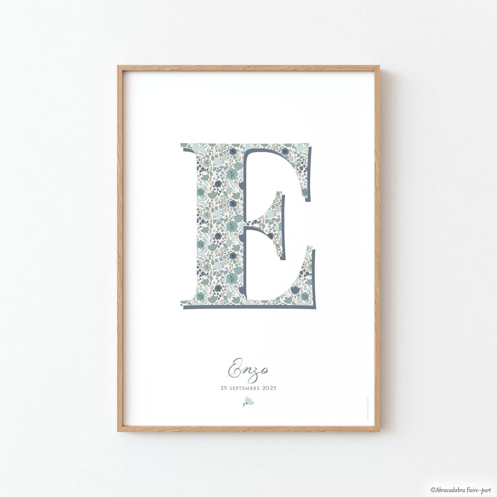 Affiche Naissance Personnalisée Pour Garçon, Initiale Prénom avec Motif Fleuri Façon Liberty, Nuance