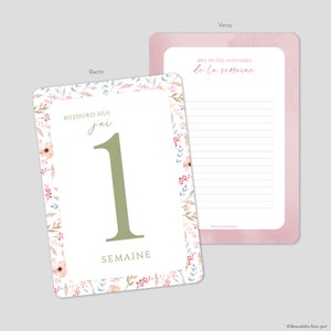 Carte étapes fille avec chiffre vert et fleurs aquarelle pastel au recto et nuage aquarelle rose au verso
