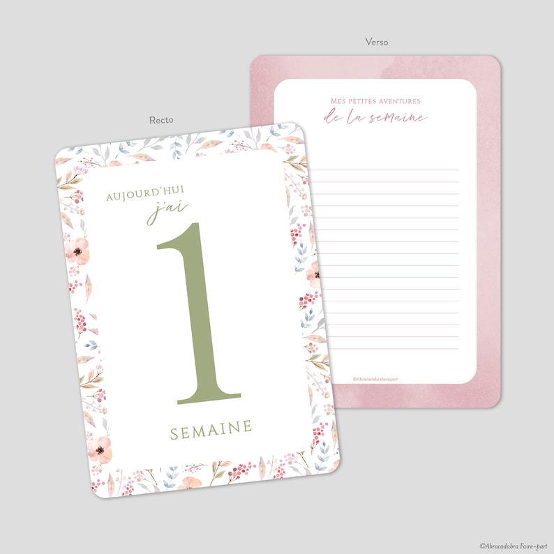 Carte étapes fille avec chiffre vert et fleurs aquarelle pastel au recto et nuage aquarelle rose au verso