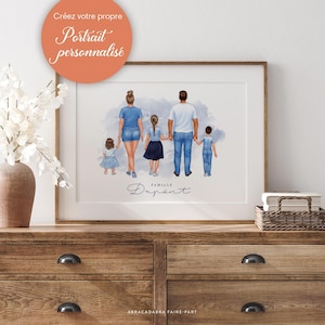 Peut inclure: Portrait de famille encadré avec un fond aquarelle. L'illustration représente une famille de cinq personnes, se tenant la main, avec le nom de famille "Dupont" écrit en dessous. Le coin supérieur gauche porte l'inscription "Créez votre propre Portrait personnalisé".