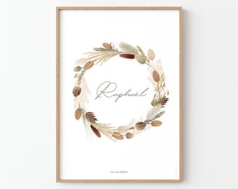Affiche fleurs séchées en couronne pour chambre de bébé ou d'enfant