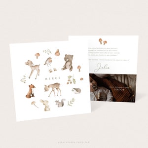Carte de remerciement naissance garçon animaux de la forêt, Remerciement baptême garçon woodland - JULES