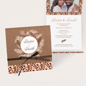 Faire-part de mariage africain wax et pampas sur fond kraft, photo et ruban marron - MA02