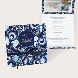 Blue African wax baby announcement card for a boy, for a birth or baptism - MEHDI