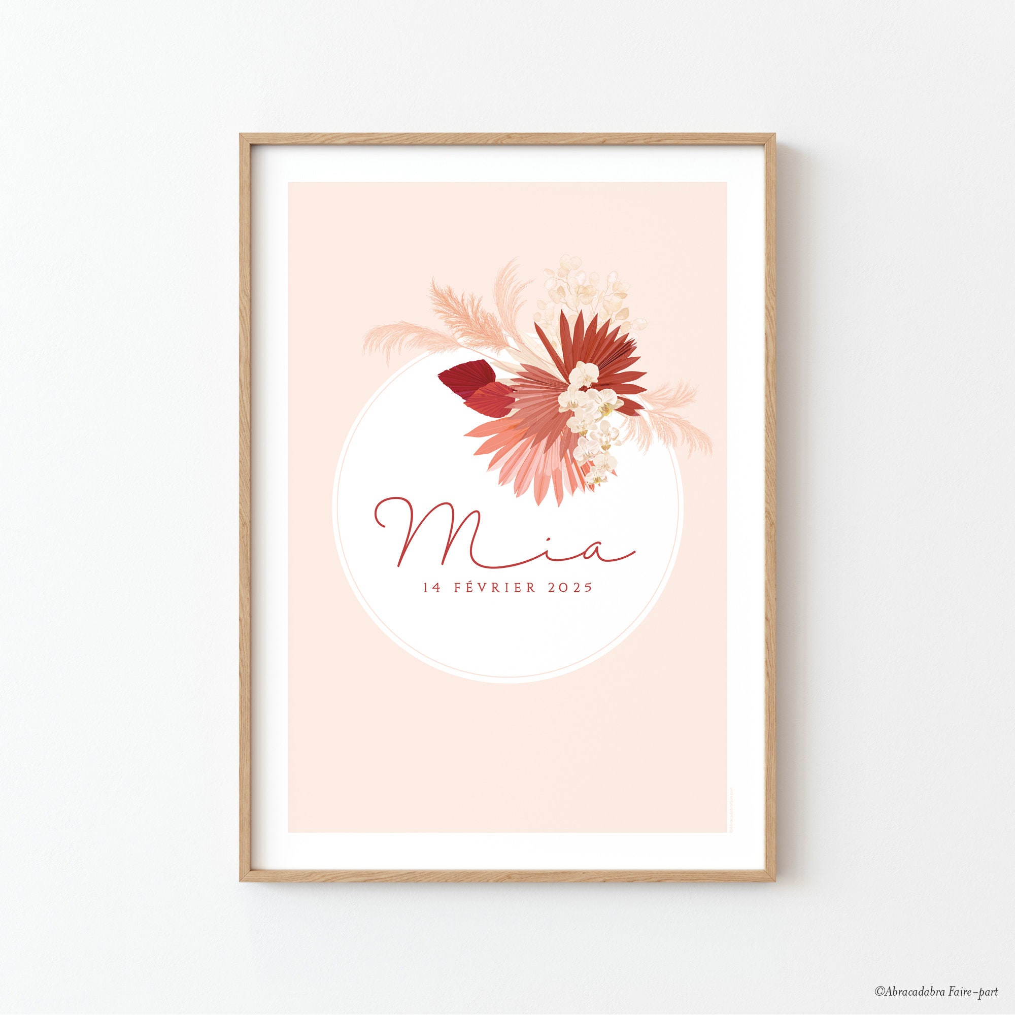 Affiche Personnalisée Pour Chambre de Bébé, avec Couronne Fleurs Séchées, Palmes, Orchidée et Herbe 