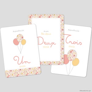 Card card cardine per bimba con palloncini e fiori, stile Liberty, corallo e giallo oro, card primo o secondo anno bimba, regalo nascita