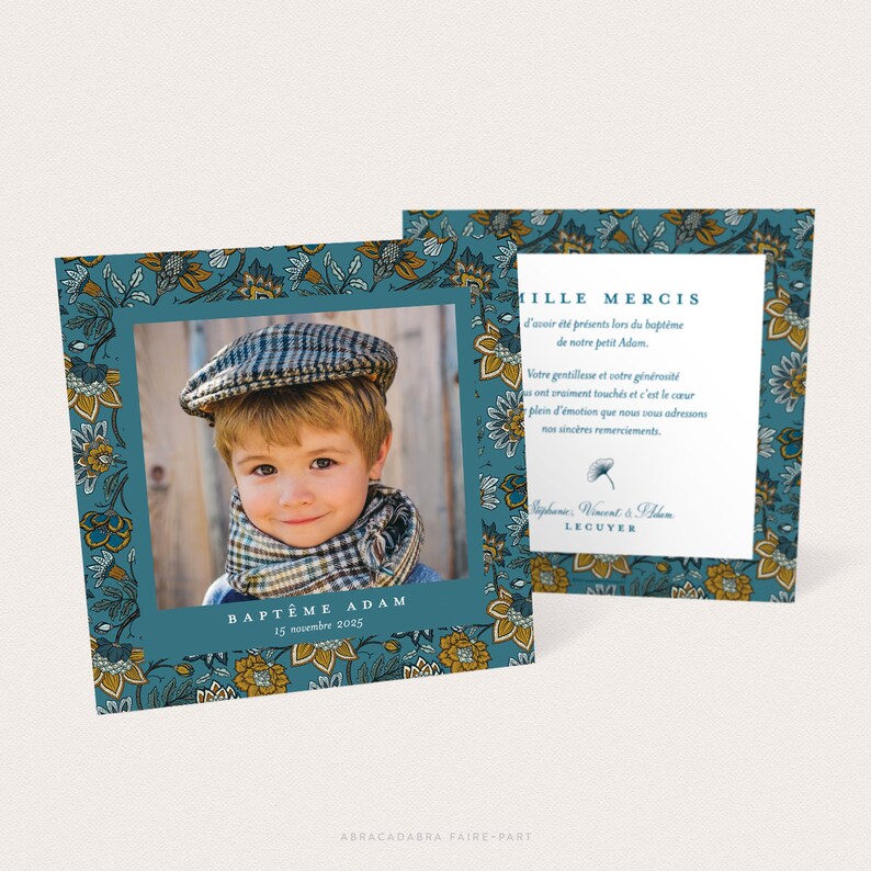 Mixed thank you card, for birth or baptism, with photo on an elegant toile de jouy floral background, duck blue and mustard image 1