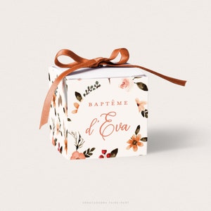 Boîte dragées baptême fille fleurs bohème aquarelle terracotta, contenant pour dragées baptême fleuri, cadeau invités baptême fille - EVA
