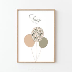 Póster personalizado para niño, Póster con estampado floral de globos estilo Liberty en verde y beige, Póster infantil para habitación de niño - ENZO