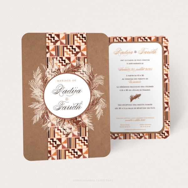 Faire-part mariage africain wax et pampas sur fond kraft