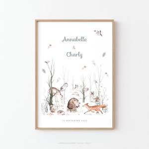 Póster infantil animales del bosque - Zorro, oso y ciervo - Para niña o niño - Ideal habitación de bebé o niño