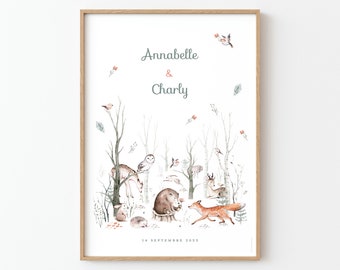 Forest animals children's poster - Fox, bear and deer - For girl or boy - Ideal baby or child's room