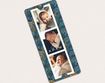 Birth announcement chintz bookmark, variegated and blue floral pattern