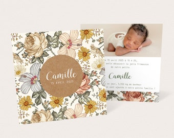 Birth announcement for girl with vintage flowers, peonies, hibiscus and daisies, photo possible