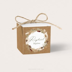 Boîte à dragées baptême garçon fleurs séchées, contenant dragées baptême bohème, cadeau invités baptême