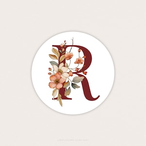 Pegatina de bautizo de niña con iniciales de flores silvestres, Etiqueta adhesiva personalizada para niños con letra floral - ROMY