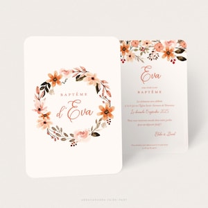 Baptism announcement for girl with watercolor flowers in terracotta and olive green, Birth announcement for girl with floral pattern and flower crown - EVA