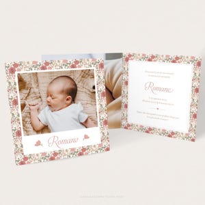 Faire-part de naissance fille fleurs façon Liberty bohème, Faire-part de baptême fille motif fleuri rose, vert et beige - ROMANE