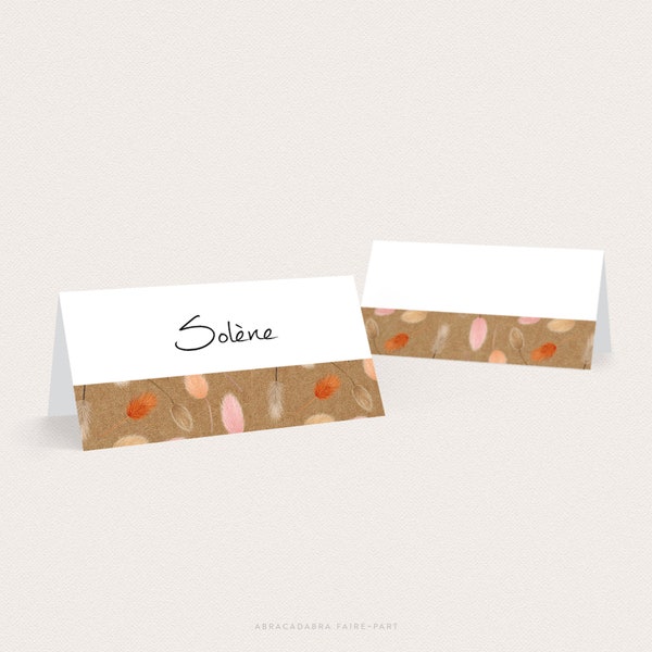 Place marker for baptism girl, with dried flowers pink and terracotta on kraft background, boho chic spirit
