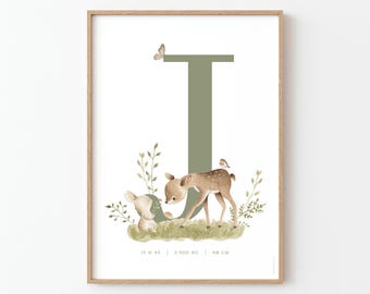 Affiche animaux de la foret pour chambre de bébé ou d'enfant, affiche faon et lapin, affiche renard et coccinelle - JULES