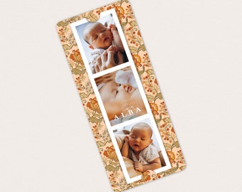 Birth announcement chintz bookmark, variegated and green terracotta floral pattern