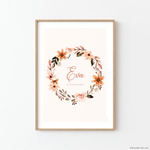 Póster de niña con corona de flores de acuarela en terracota y oliva, póster para dormitorio de niña - EVA