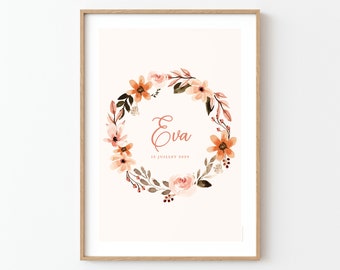 Watercolor flower poster in wreath for girl's room