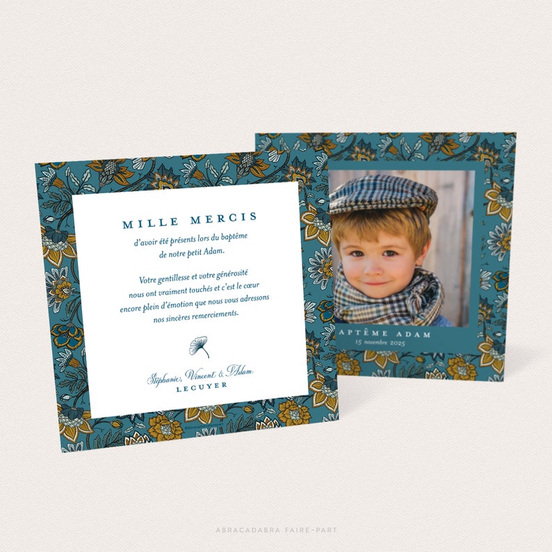 Mixed thank you card, for birth or baptism, with photo on an elegant toile de jouy floral background, duck blue and mustard image 2