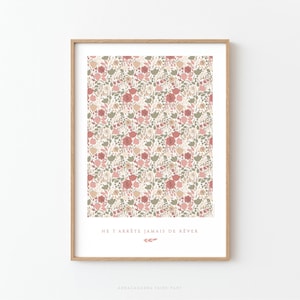 Liberty-style flower poster for children, old pink and almond green, for a girl's bedroom - ROMANE