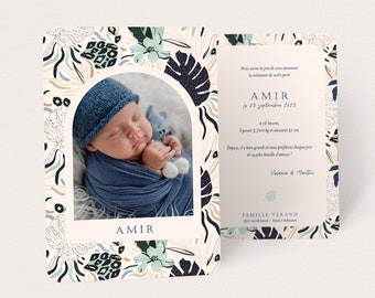 Tropical and exotic jungle boy birth announcement, black and water green, with photo