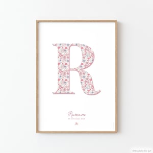 Póster con letras florales rosas para dormitorio de niña. Póster personalizado con el nombre del niño - ROMANE