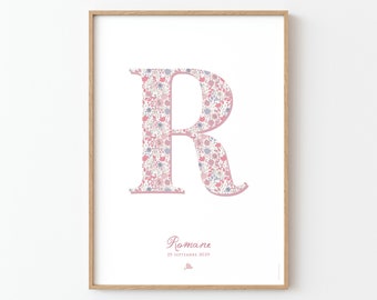 Affiche lettre fleurie rose, à personnaliser avec l'initiale du prénom de votre fille