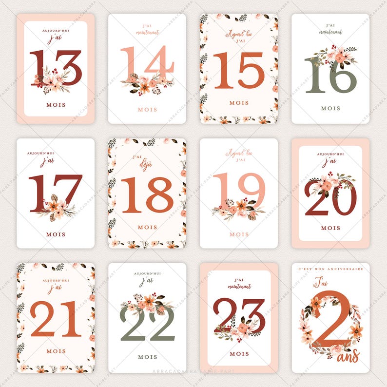 Cartes étapes bébé fleuries, avec couronne et fleurs façon aquarelle - Pour première année, deuxième année ou troisième année - EVA image 7