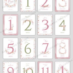 Cartes étapes bébé fleurs pastel aquarelle - Pack 1ère année, avec carte personnalisée avec prénom de bébé, pack 2e et 3e année - ROSE Première année