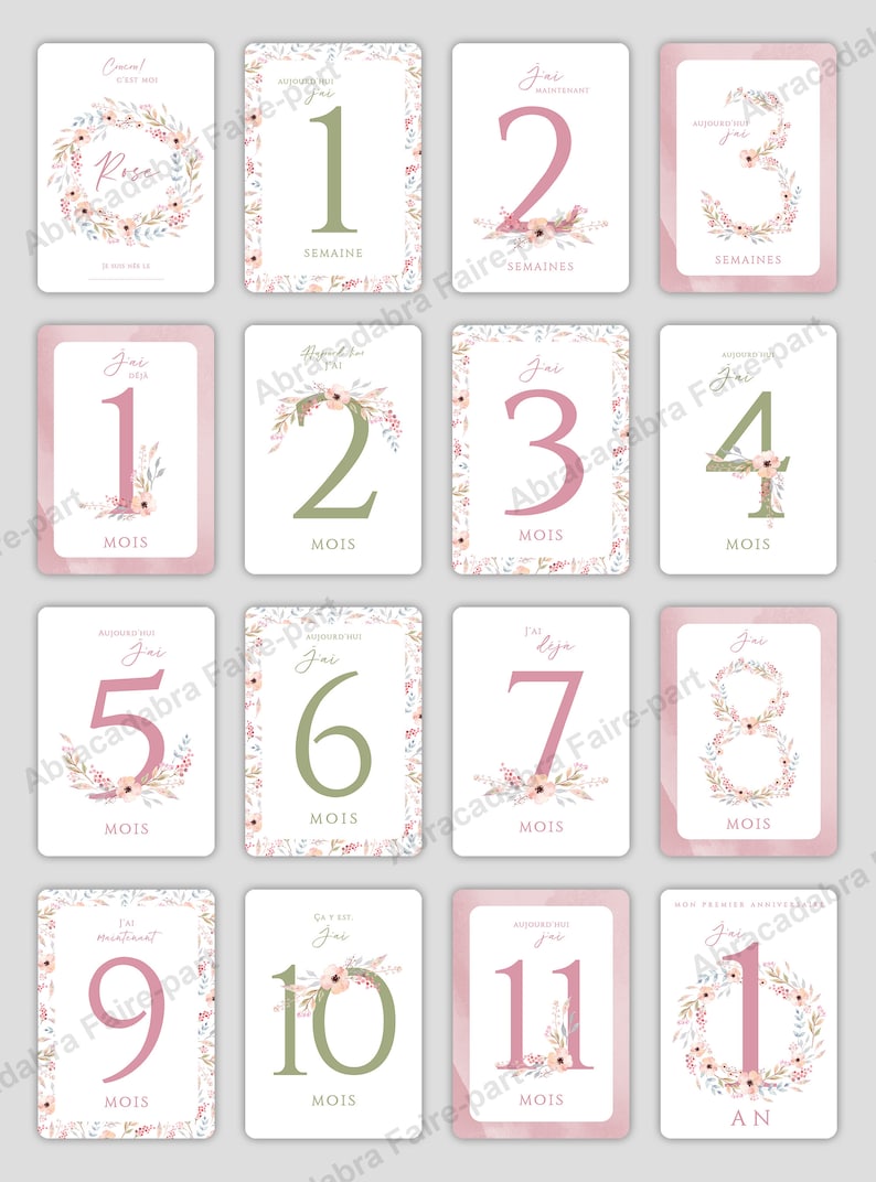 Cartes étapes bébé fleurs pastel aquarelle - Pack 1ère année, avec carte personnalisée avec prénom de bébé, pack 2e et 3e année - ROSE Première année