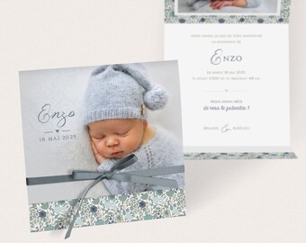 Birth announcement for boy flowers in Liberty blue green, with photos and bluish gray ribbon