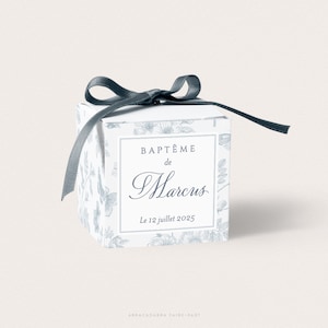 Boîte à dragées baptême toile de Jouy bleu, fleurs et papillons, Contenant dragées baptême garçon, Cadeau invités baptême - GLADYS