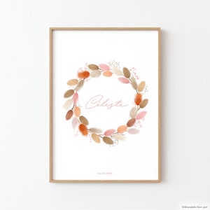 Affiche enfant fleurs séchées, rose, terracotta et beige, pour chambre de fille