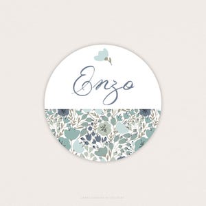 Adesivo con nome del bambino e motivo floreale blu-verde Liberty, Adesivo per battesimo del bambino con fiori blu-verdi - ENZO