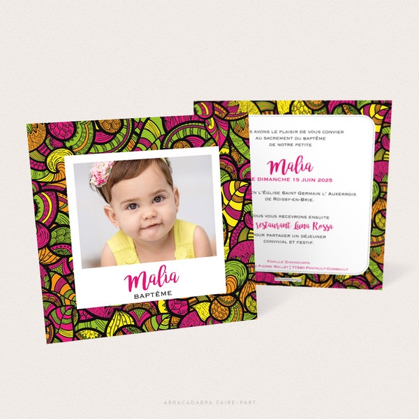 Faire-part esprit d'Afrique pour fille, motif façon wax, pour naissance ou baptême