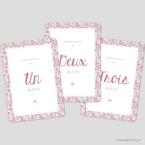 Cartes étapes bébé fille fleurs façon Liberty rose - Cartes première année de bébé - idée cadeau naissance - ROMANE