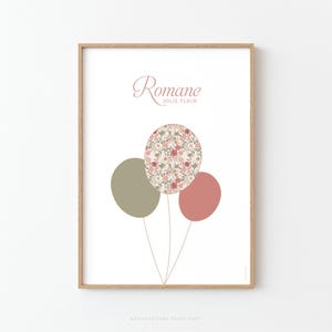 Affiche personnalisée pour décoration chambre fille, Affiche enfant trois ballons aux nuances pastel esprit nature et bohème - ROMANE
