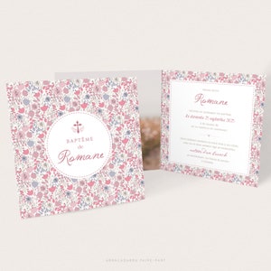 Faire-part baptême fille fleurs façon Liberty rose poudré, Faire-part naissance fille motif fleuri rose - ROMANE