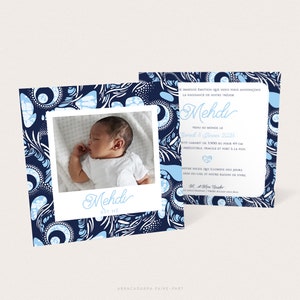 Faire-part garçon thème Afrique, wax bleu, pour naissance ou baptême