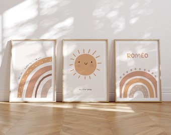 Set of 3 personalized sun and rainbow posters, for children's room